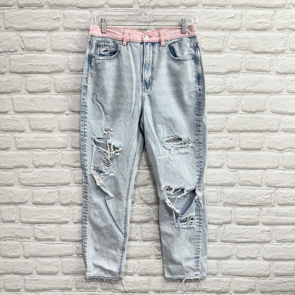 American Eagle Mom Jeans 6 Light Wash High Rise Distressed Pink Waist 80's Style